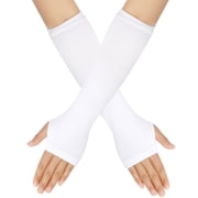 Nvzi Women Striped Long Fingerless Gloves, Winter Knitted Arm Warmers For Punk Rock/Cosplay/Goth/Christmas Party -White