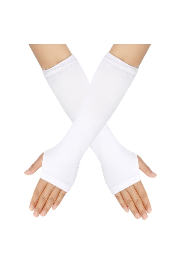 Women Striped Long Fingerless Gloves, Winter Knitted Arm Warmers For Punk Rock/Cosplay/Goth/Christmas Party -White