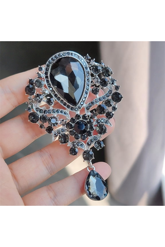 Women's Crystal Silver-Tone Bouquet Flower Teardrop Large Gorgeous Bouquet Brooch Pin (Black)