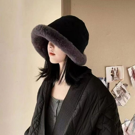 Nvzi Women's Thickened Bucket Hat, New Winter Warm Solid Color Foldable Soft Faux Fur Hat (Black)