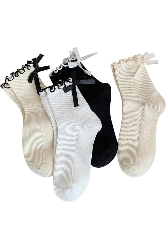 Womens Bow Socks Ruffle Casual Crew Black Whitte Soft Breathable Cotton 4 Pairs Socks