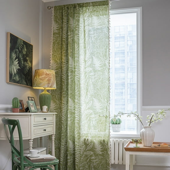 Nvzi-a 1 piece semi blackout green leaf pattern curtain, kitchen curtain, partition curtain, bay window, semi transparent window screen, pole type curtain 59.06 * 118.11 inches
