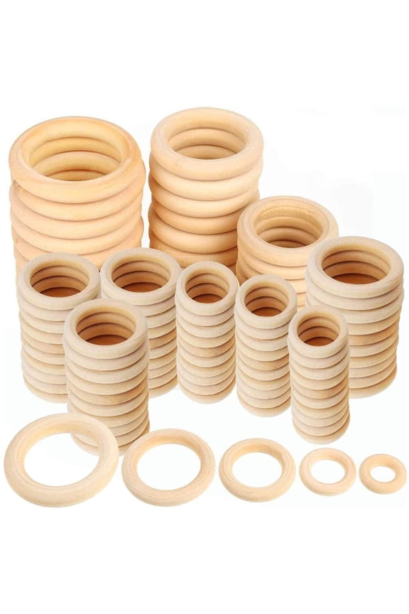 100 PCS 5 Sizes Natural Wood Rings, Unfinished Smooth Wooden Ring, Wood Circles forCraft, Ring Pendant and Connectors Jewelry Making (100pcs-5 Sizes)