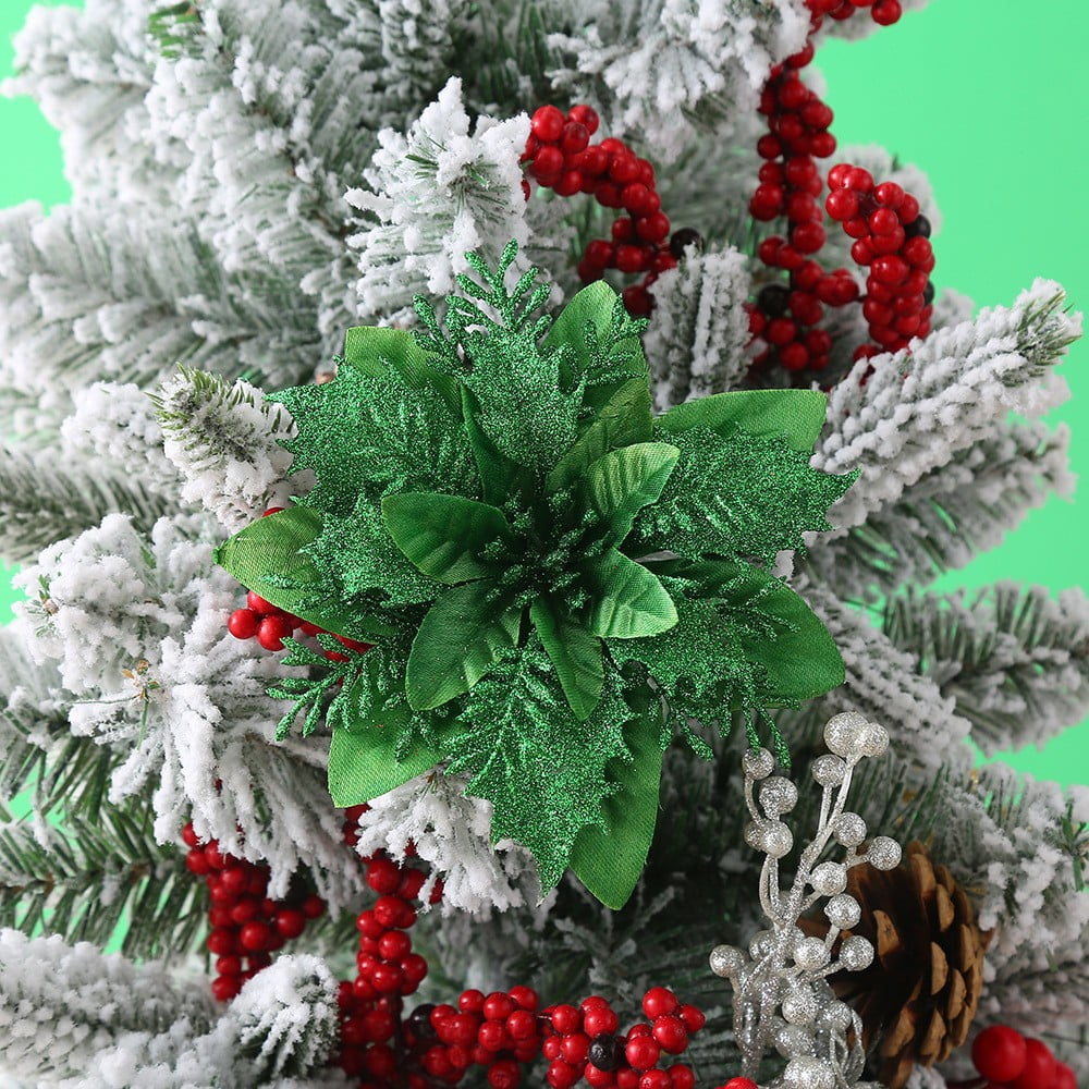 Nvzi-a 12 Pieces Glitter Christmas Tree Ornaments Artificial Poinsettia Flowers for Wedding Christmas Wreath Tree(Grass green)