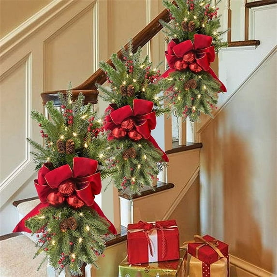 Nvzi-a 1pcs Cordless Stairway Trim,Christmas Swag Wreath Hanging Teardrop Swag Staircase Swag Holiday Xmas Decoration,A