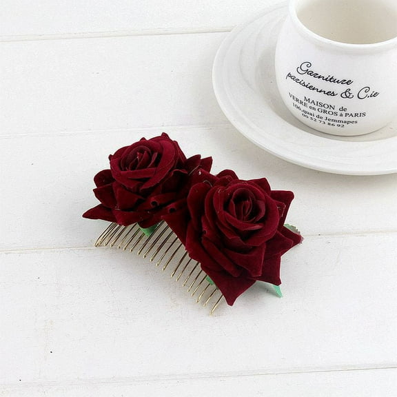 Nvzi-a 2 Pack Rose Flower Hair Combs, Women Wedding Hair Accessories, Flamenco Dancer (Dark Red)