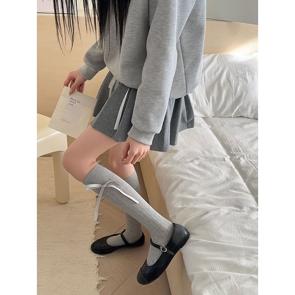 Nvzi-a 2 Pairs Casual Tube Socks Cotton Knee High Socks for Women Solid Knit Knee Long Stocking All Season Gift，Stretch，Soft（Grey）