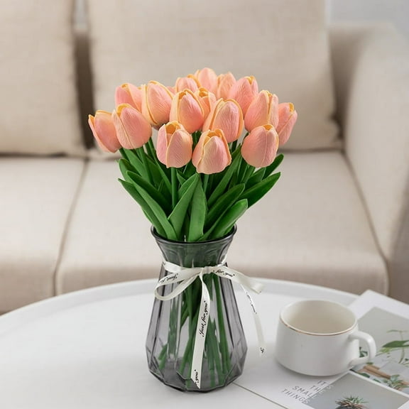 Nvzi-a 20 Count White Flower Artificial Tulip Silk Fake Flowers 13.5 Inch Mother's Day Easter Valentine's Day Gift Bulk Home Kitchen Wedding Decoration (Sunset Pink)