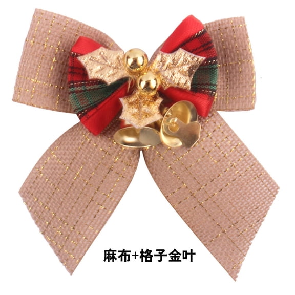 Fatty Farmer 20 Christmas Mini Bow Crafts Christmas Small Bow with Bell Decorations Craft Gifts Christmas Tree Wreath Hanging Decoration, Linen+Checkered Gold Foil