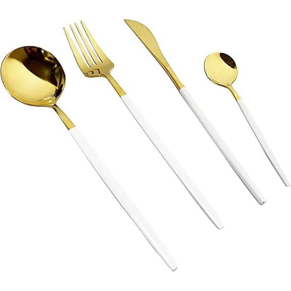 Nvzi-a 24-Piece Silverware Set - Stainless Steel Reusable Utensils Forks Spoons Knives Set, Mirror Polished Cutlery Flatware Set, Great for Family Gatherings & Daily Use (6 set, White Handle Gold)