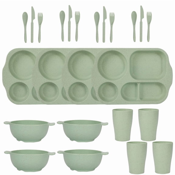 Nvzi-a 24Pcs Wheat Straw Dinnerware Cutlery Sets, Divided Plates Unbreakable Bowl Microwave Dishwasher Safe Tableware Cutlery -Green