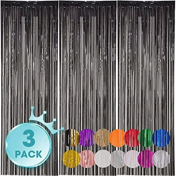 Nvzi-a 3 Pack 3.3x6.6 Feet Black Foil Fringe Backdrop Curtains, Tinsel Streamers Birthday Party Decorations, Fringe Backdrop for Graduation, Baby Shower, Gender Reveal, Disco Party