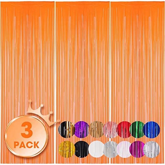 Nvzi-a 3 Pack 3.3x6.6 Feet Orange Foil Fringe Backdrop Curtains, Tinsel Streamers Birthday Party Decorations, Fringe Backdrop for Graduation, Baby Shower, Gender Reveal, Disco Party
