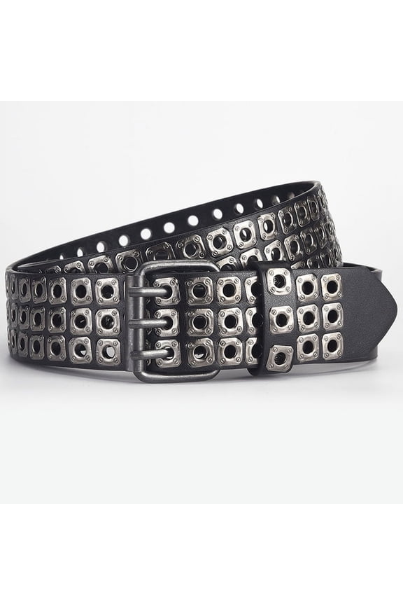 3 Row Studded Belts Punk Hip Hop Personalized Faux Leather Belts For Jeans Pants (Black Grey)