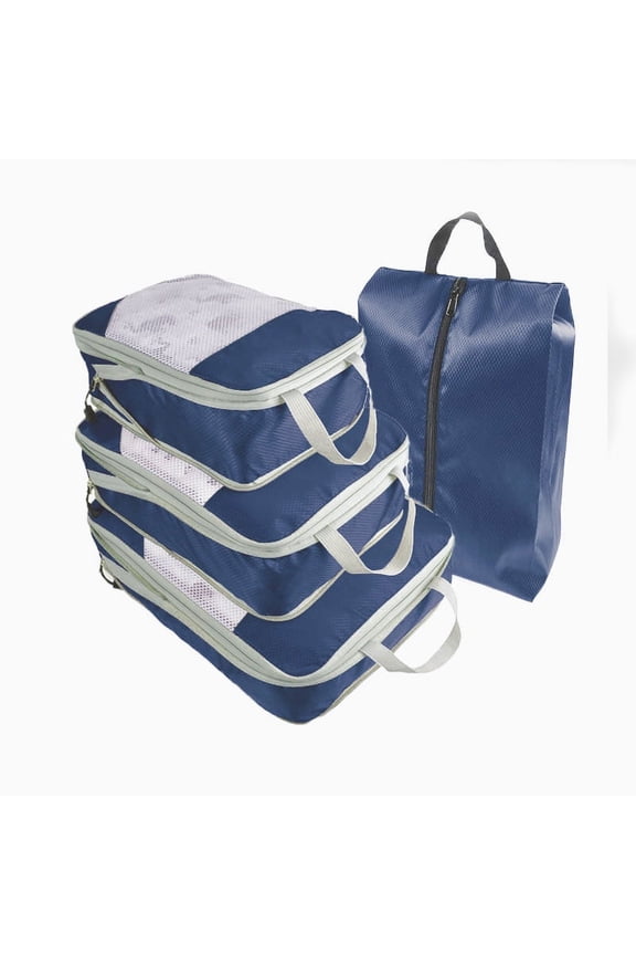 4 piece set Compression Packing Cube Set, Travel Storage Bag Portable Luggage Storage Box Set Expandable Packing Mesh Bag for Clothing Underwear Shoes (Navy Blue)