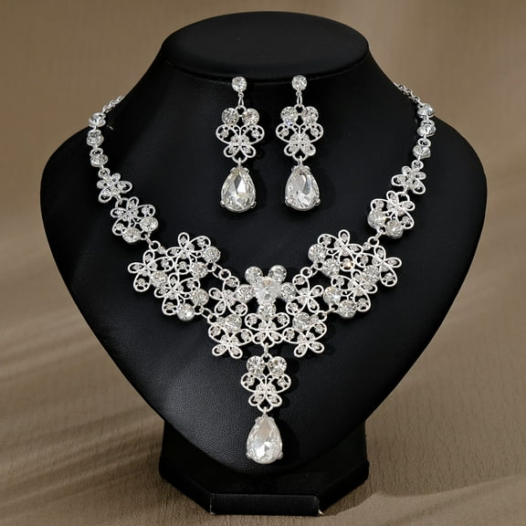 Nvzi-a Bridal Teardrop Cluster Rhinestone Jewelry Set for Women Necklace Earrings Wedding-A01