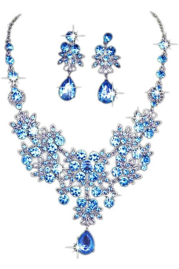 Charm Wedding Bridal Crystal Necklace Earrings Jewelry Set Fine Rhinestone Women's Prom Jewelry Statement (Blue)