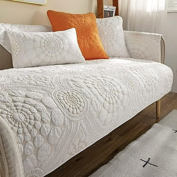 Nvzi-a Circle Embroidery Couch Sofa Cover Solid Color Cotton Quilted Non-Slip Sectional Couch Covers Sofa Slipcover for Dogs, Children, Pets Furniture Protector (White,28"x28")