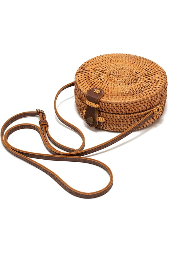 Circle Rattan Straw Crossbody Bags for Women 7.1 with Adjustable Genuine Leather Strap