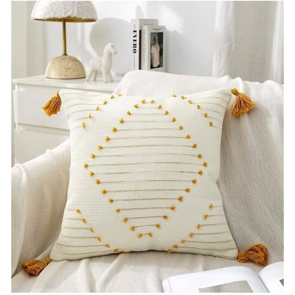 Nvzi-a Decorative Cotton Throw Pillow Covers Farmhouse for Couch Sofa Living Room 18*18inch (Yellow Tassels)