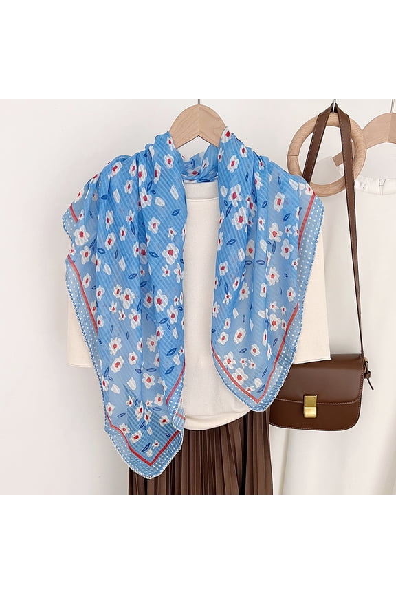Elegant Personalized Scarf, Summer Fresh Fragmented Flower Cotton Linen Square Scarf (Blue)