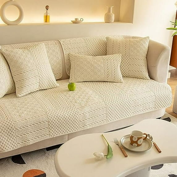 Nvzi-a Farmhouse Geometric Embroidered Couch Sofa Cover Cotton Quilted Sectional Couch Cover Non-Slip Sofa Slipcover Furniture Protector for Kids, Dogs, Cats (Cream,36"x70")