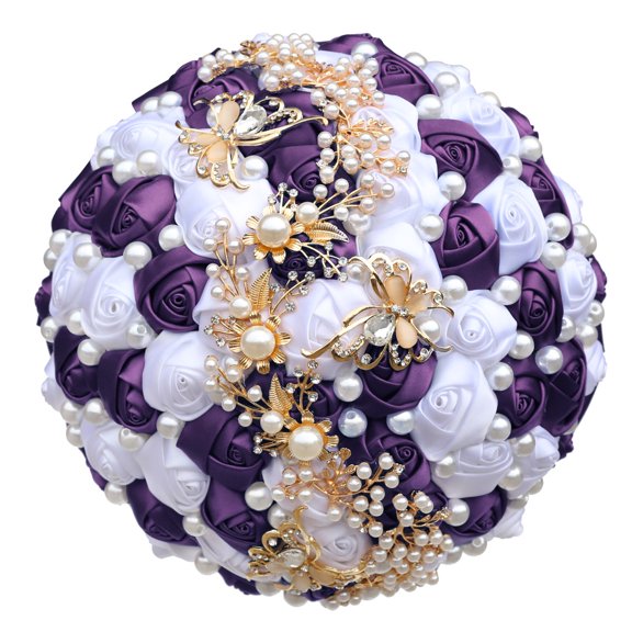 Nvzi-a Handmade Satin Rose Bridal Bouquet Toss Round Wedding Bouquet Throw Toss Artificial Flower Bunch Dark Purple