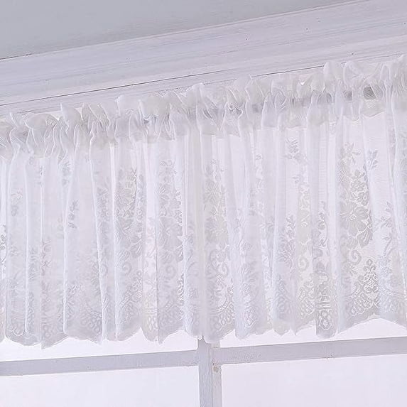 Nvzi-a Lace Sheer Kitchen Cafe Curtain Valance Floral Embroidered Rod Pocket Short Curtain for Small Window 1 Piece (51" x 16", White)