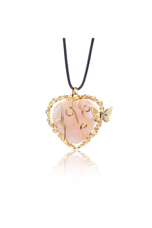 Necklace pendant suitable for men and women, handcrafted, with a butterfly life tree pendant wrapped in silk. Natural crystal stone heart-shaped necklace (pink)