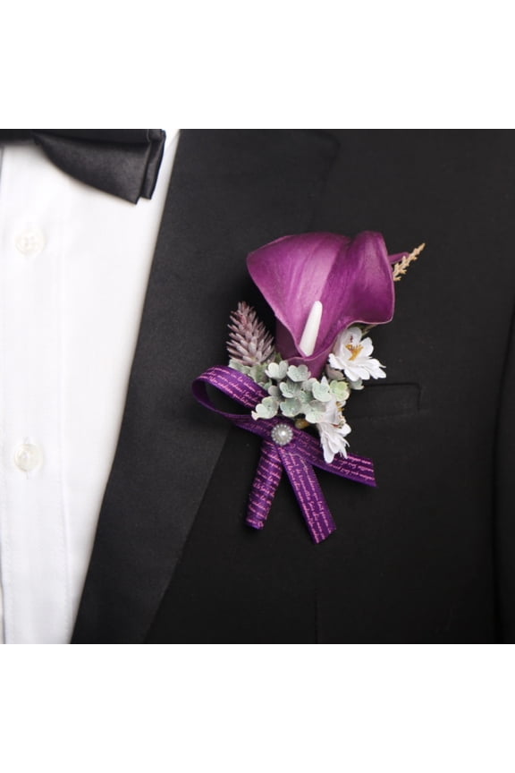 Pack of 2 Brooch Bouquet Corsage Classic Artificial Groom Bride Flowers with Pin Suit Decoration Boutineers for Men Wedding, Prom, Party,Homecoming,Purple B