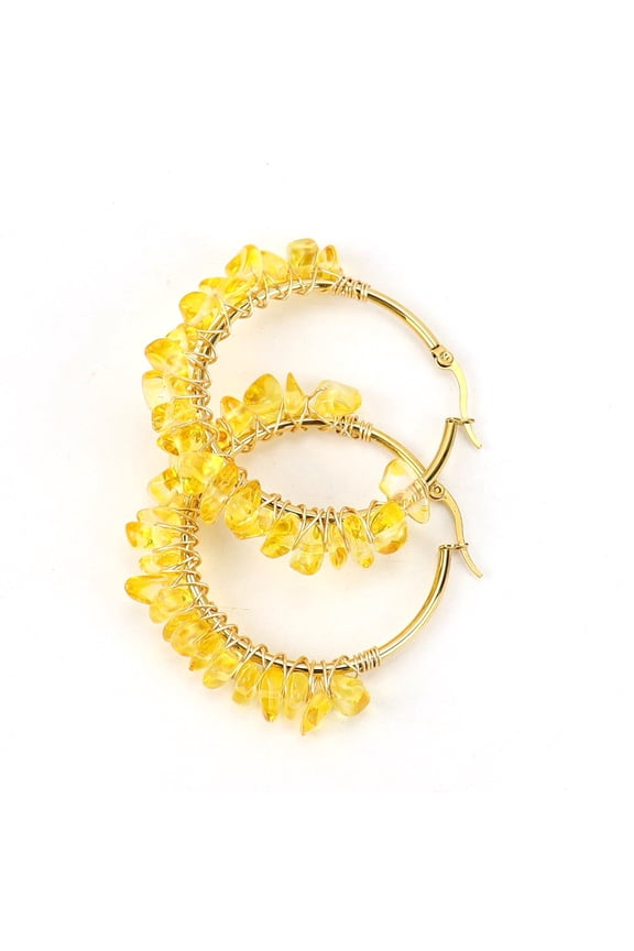 Personalized Natural Stone Earrings, Gold Large Ring Earrings with Corded Natural Stone Crystal Earrings (Yellow)