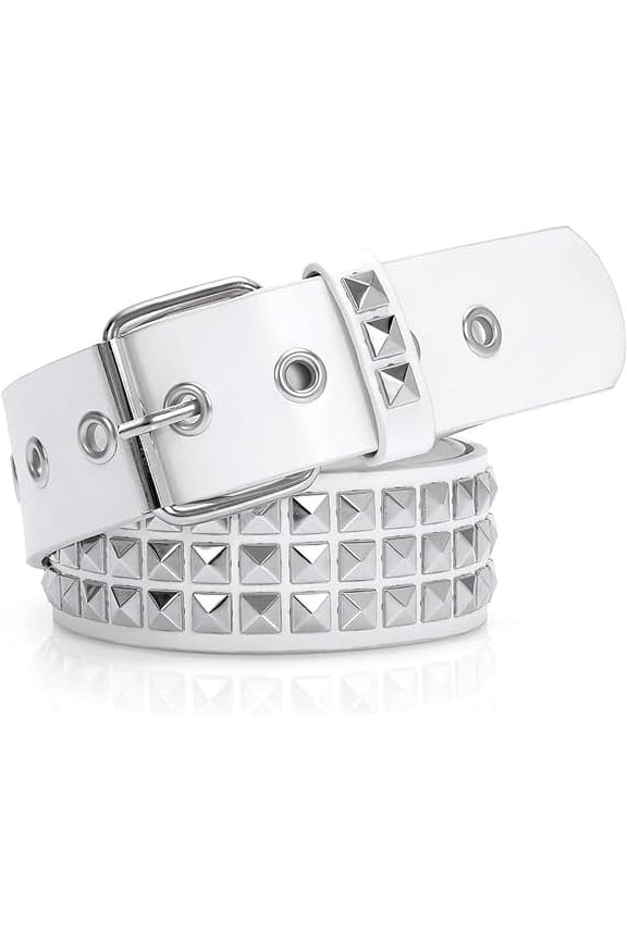 Punk Leather Belt,Women Men Goth Pyramid Studded Square Beads Rivet Jeans Belts (White), One Size