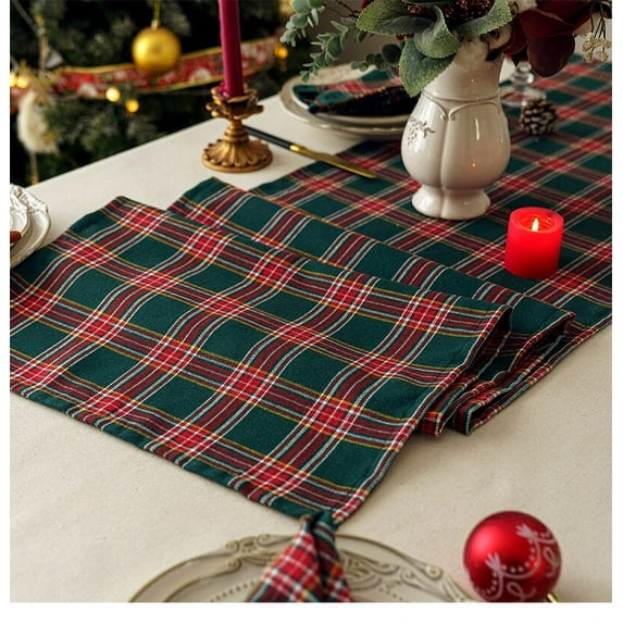 Nvzi-a Red Green Plaid Christmas Table Runner, 72 inches Long, Farmhouse Home Kitchen Dining Party Decor
