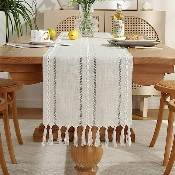 Nvzi-a Rustic Table Runner with Tassels, Cotton Linen Table Decoration for Holiday Party, Farmhouse Table Runners, Wedding and Dining Decorations, 90 Inches, Ivory