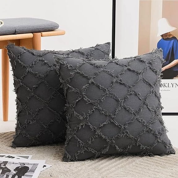 Nvzi-a Set of 2 Decorative Boho Throw Pillow Covers 18x18 Inch Cotton Linen Diamond Jacquard Pattern Cushion Covers for Sofa Couch Bed (Dark Grey, 18"x18")