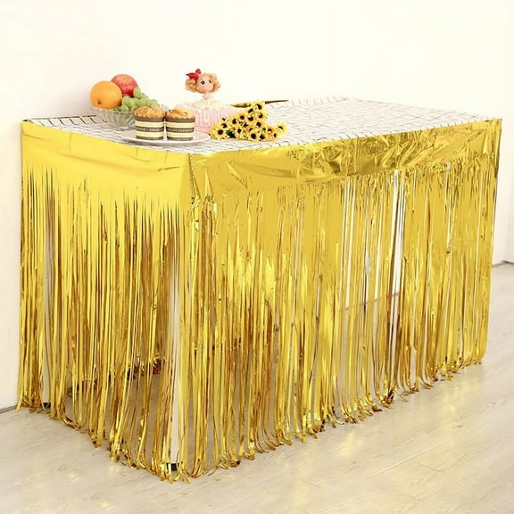 Nvzi-a Set of 5 Golden 29x108 Inch (9 Feet Long) Metallic Foil Fringe Table Skirt, Tinsel Disposable Skirting for Parade Floats Trailer, Mardi Gras Party, Birthday, Baby Shower, Wedding