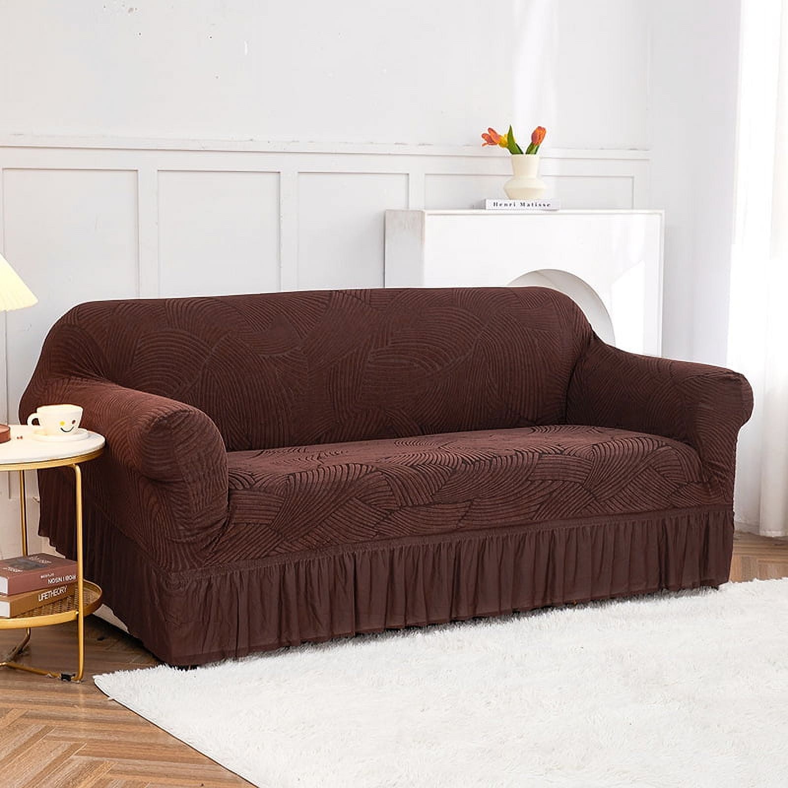 Nvzi-a Sofa Cover for sofas Stretch Couch Covers for Living Room Easy Fit Washable Furniture Sofa Protector with Skirt,1 Piece (Brown A,3 Seat)