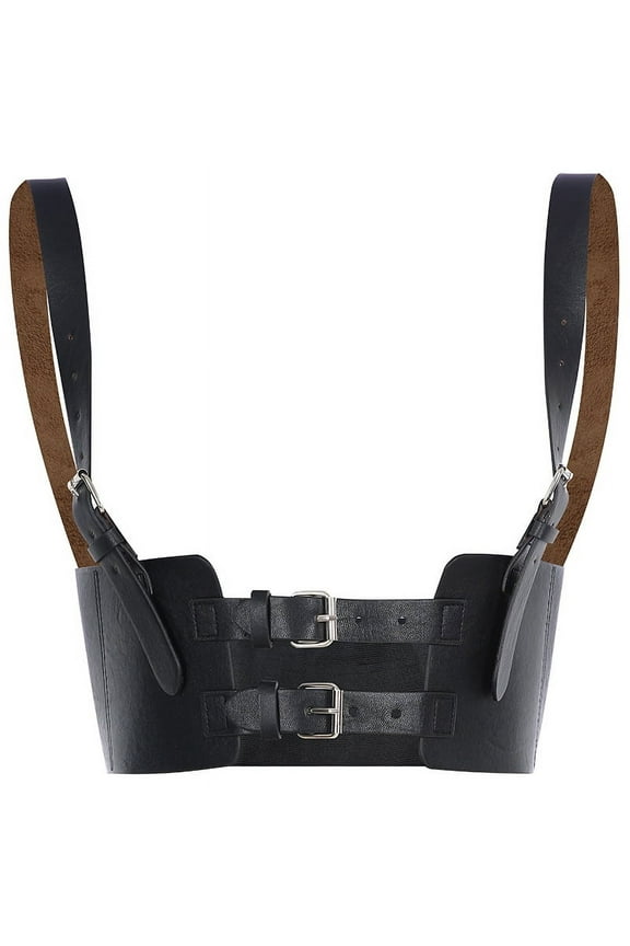 Steampunk PU Leather Lace Up Corset Harness Adjustable Shoulder Straps Under Bust Girdle Waistband Vest (Black)