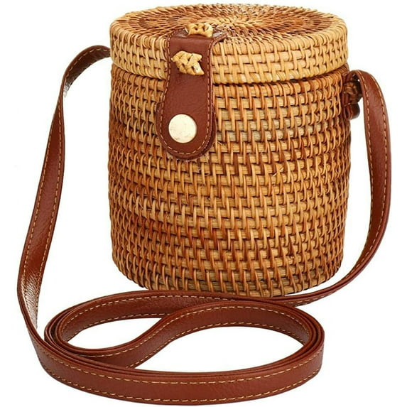 Nvzi-a Straw Rattan Crossbody Bag for Women,Beach Bag Woven Straw Crossbody Wicker Purse with Genuine Leather