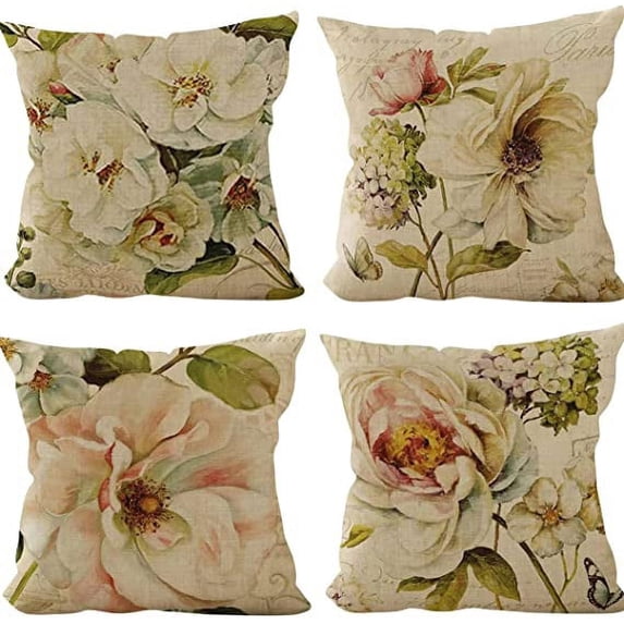 Nvzi-a Vintage Flower Throw Pillow Covers Peony Rose Home Decorative Pillow Covers Retro Cotton Linen Square Decorative Cushion Covers, White (pillows-011)