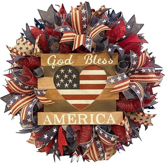 Nvzi-a Whaline Independence Day Wreath Patriotic Wreath for Front Door American Flag Theme Handmade Flower Wreath Holiday Hanging Ornament for 4th of July Memorial Day Window Wall Decoration(F)