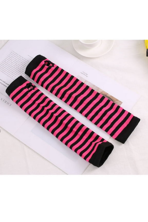 Women Striped Long Fingerless Gloves, Winter Knitted Arm Warmers For Punk Rock/Cosplay/Goth/Christmas Party -Black Dark Pink
