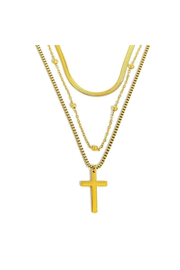 handmade necklace pendant suitable for men and women, three-layer titanium steel cross pendant necklace (gold)