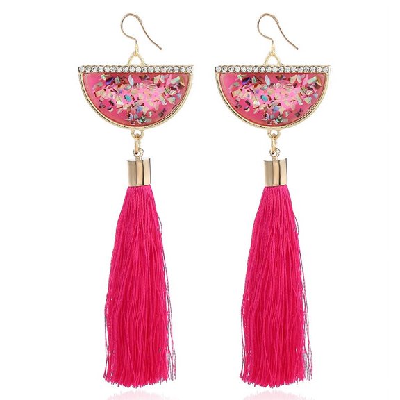 Nvzi-a men's and women's earrings, metal inlaid diamond earrings, fan-shaped long tassel earrings (pink)