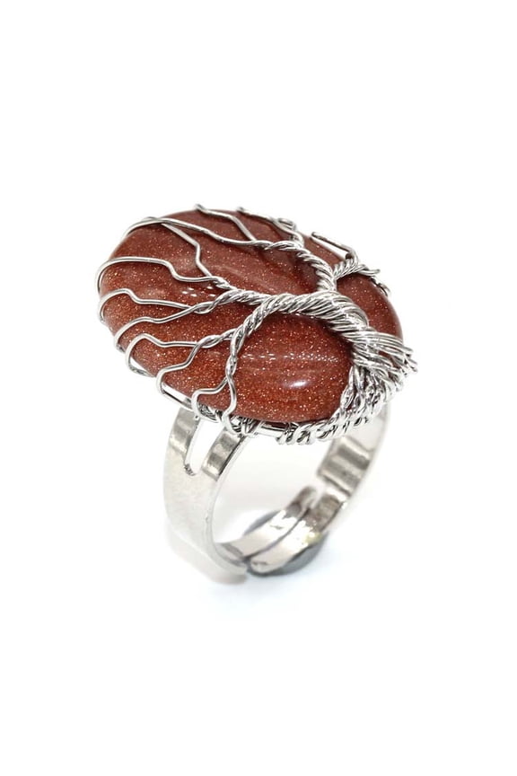natural handmade ring, suitable for men and women to wear, hand wrapped oval natural stone life tree ring, adjustable opening ring (gold)