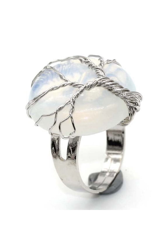 natural handmade ring, suitable for men and women to wear, hand wound circular natural stone life tree ring, adjustable opening ring (protein color)