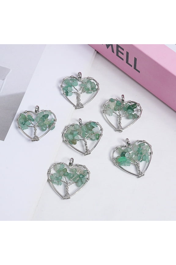 necklace pendant suitable for men and women, handcrafted, natural stone crystal heart-shaped life tree necklace pendant wrapped with silk gravel crystal jewelry (light green)