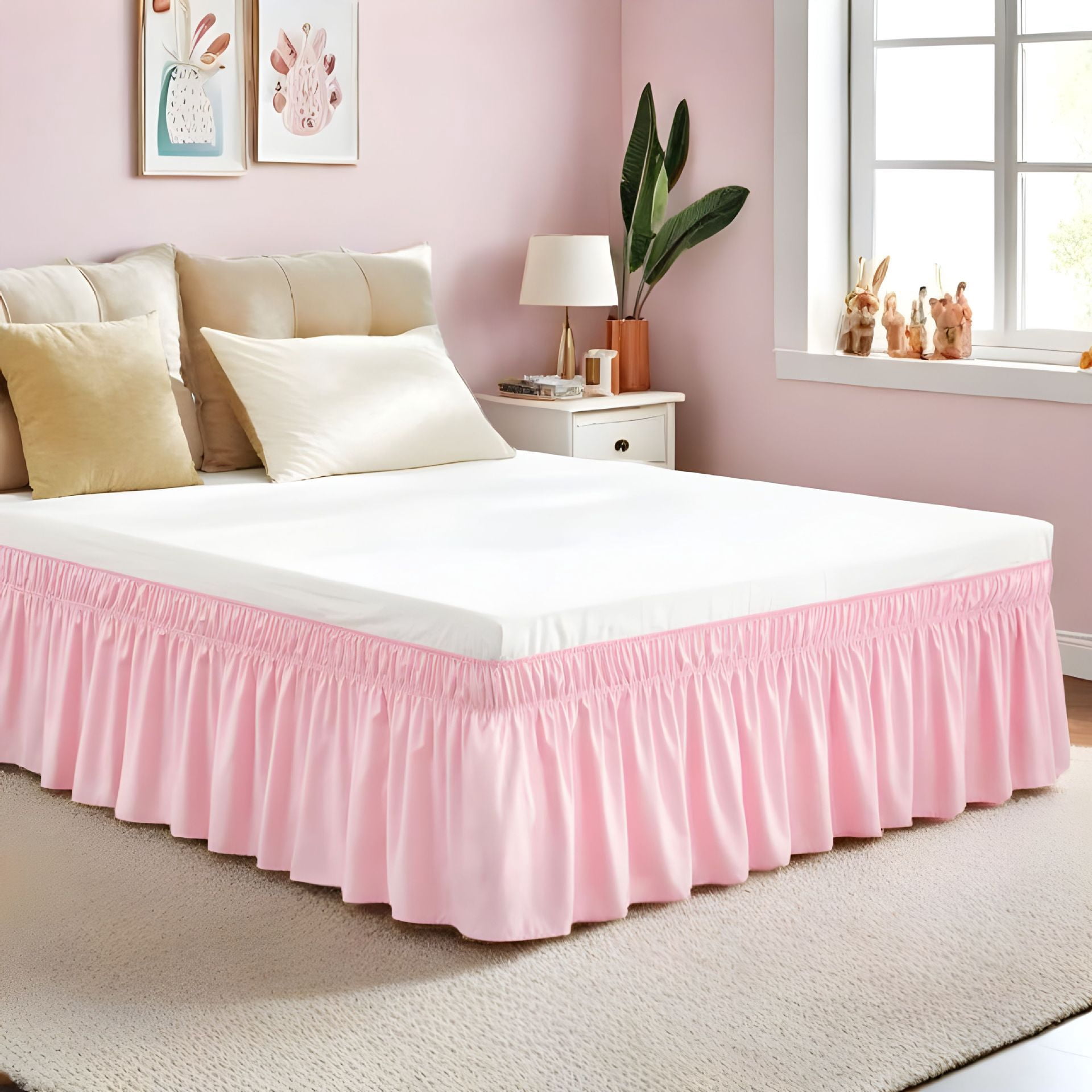 Nvzi adjustable elastic bed skirt 1 piece, Light Pink machine washable elastic dustproof bed skirt, easy to install, soft bed skirt for bedroom bed decoration, King 78*80+15inch