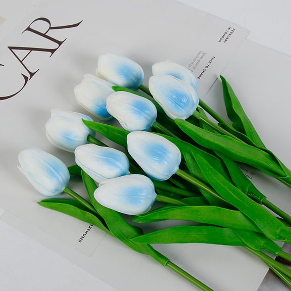 Nvzi artificial tulip White & Blue -12 pieces, 13 inches long - PU bouquet with realistic touch, realistic petal texture, flexible stem, very suitable for home office wedding decoration