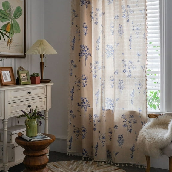 Nvzi -b 1 piece countryside style blue flower printed curtain, white tassel kitchen curtain, bay window, pole type curtain 59.06 * 70.87 inches